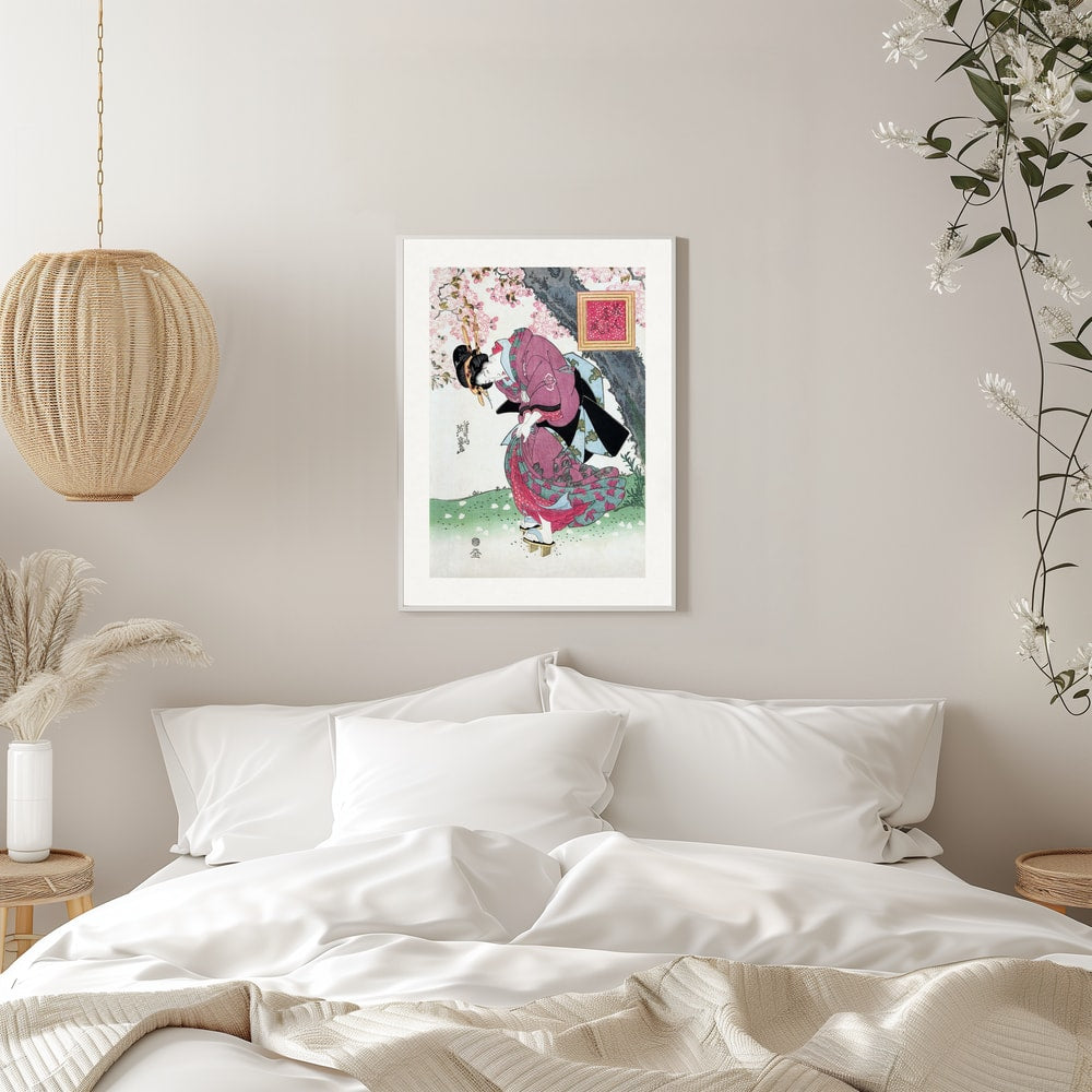 Japanese Woman and Cherry Blossom (1828) Vintage Woodblock Prints With Boarder