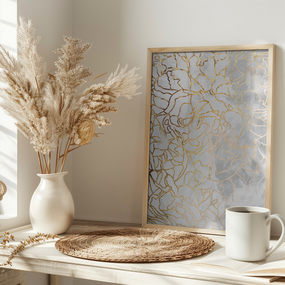Abstract gold peonies line art concrete - plakatstore
