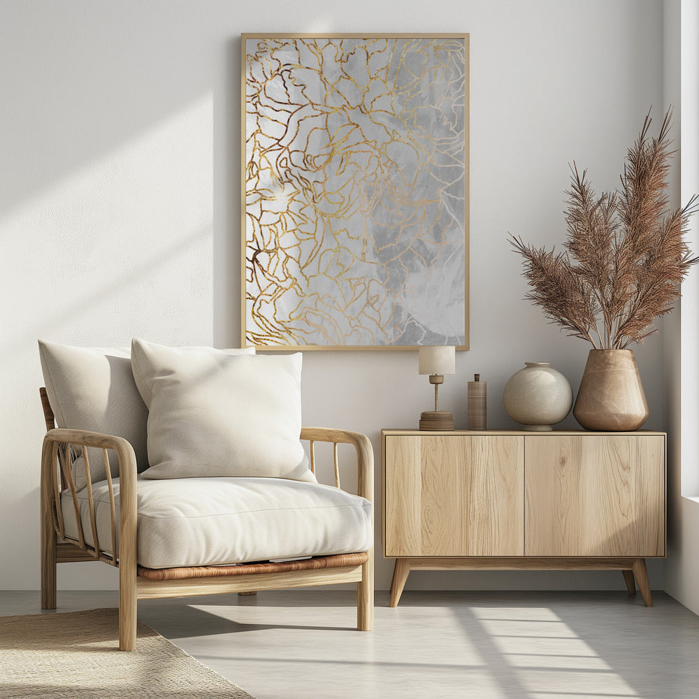 Abstract gold peonies line art concrete - plakatstore