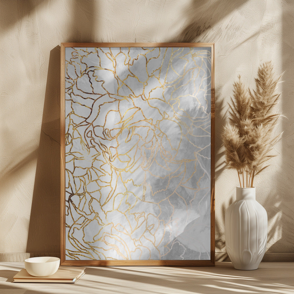 Abstract gold peonies line art concrete - plakatstore