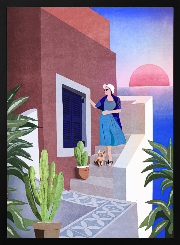 Lady and Cat In Santorini - plakatstore