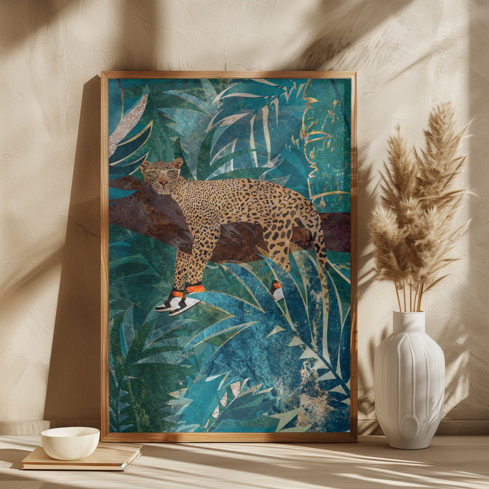 Leopard wearing sneakers in jungle - plakatstore