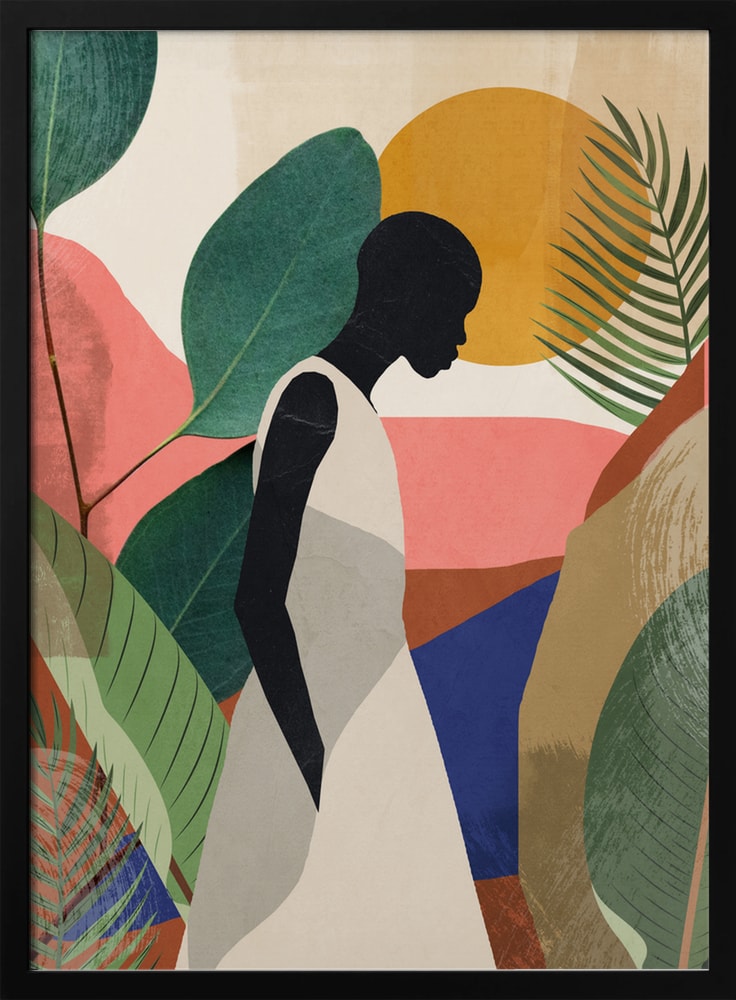 Pensive Woman Tropical Leaves