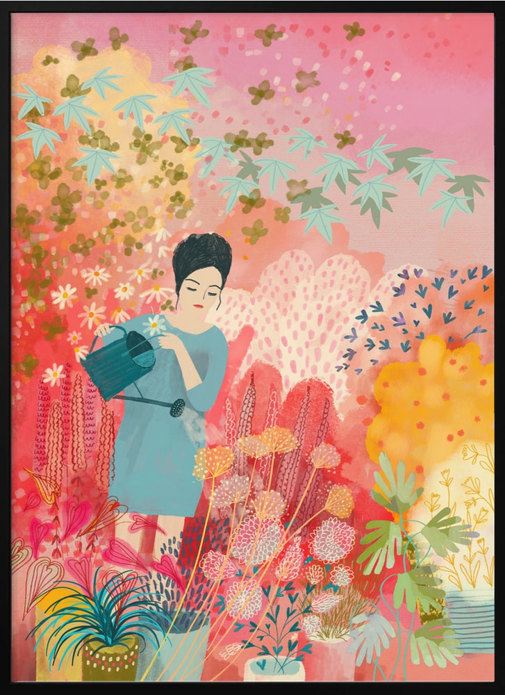 Woman Watering Colorful Garden