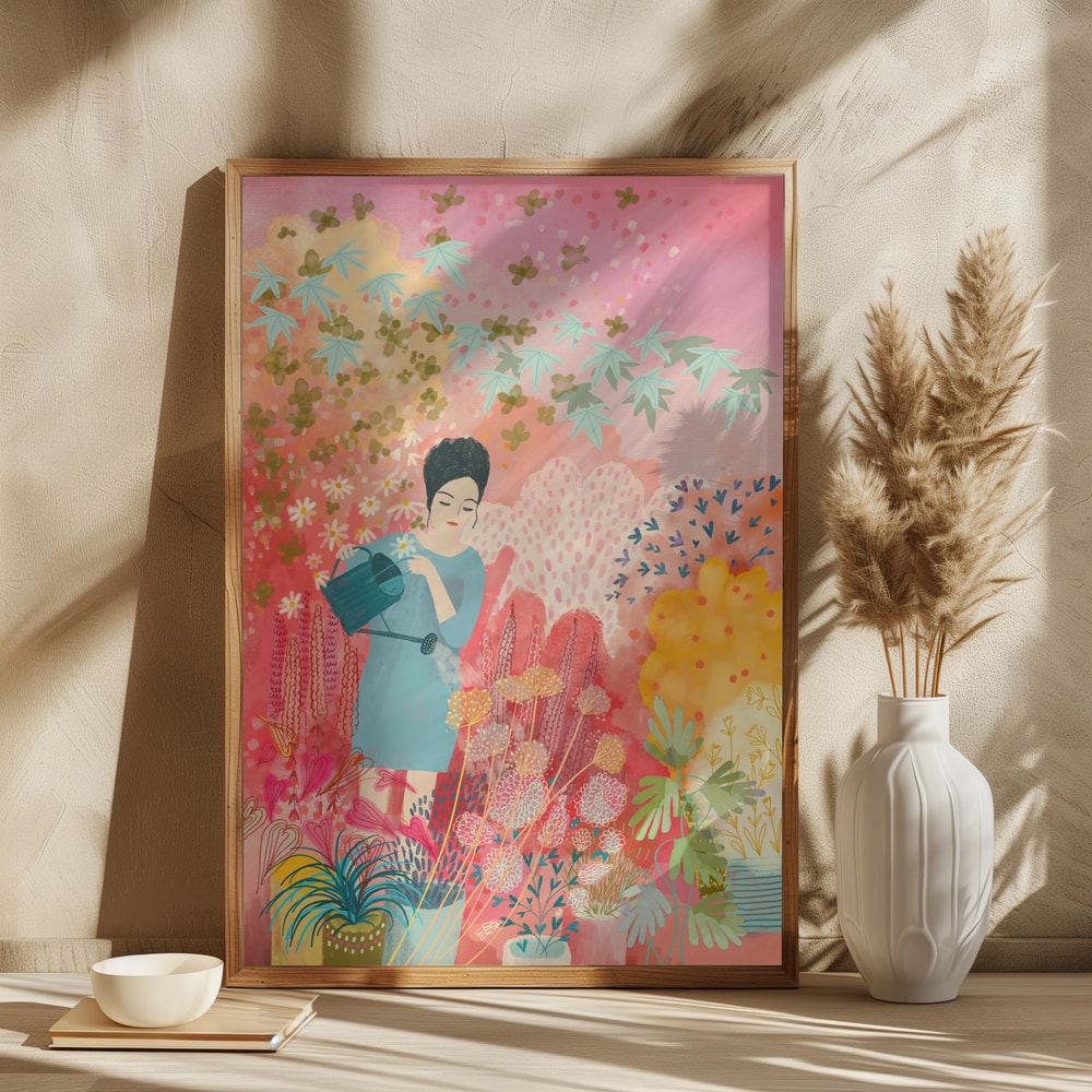 Woman Watering Colorful Garden