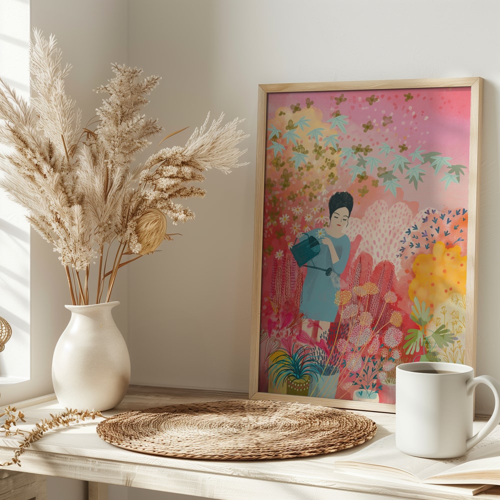 Woman Watering Colorful Garden