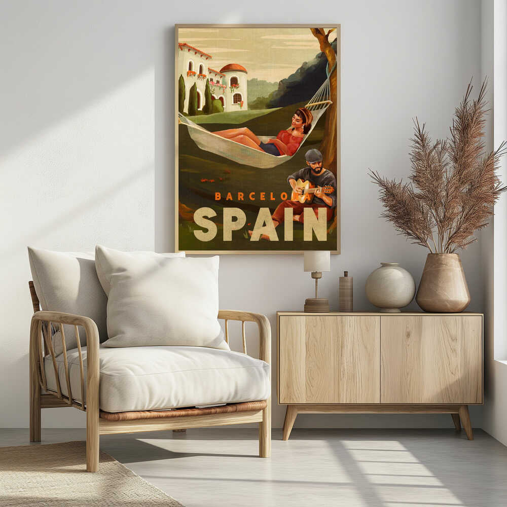 Barcelona Spain Guitar Player Travel Art
