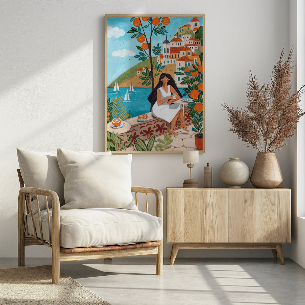 Travel poster woman in Mediterranean coast - plakatstore