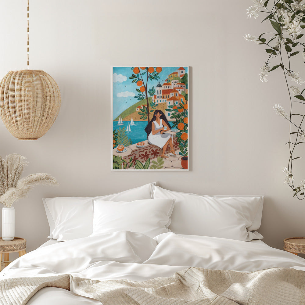 Travel poster woman in Mediterranean coast - plakatstore