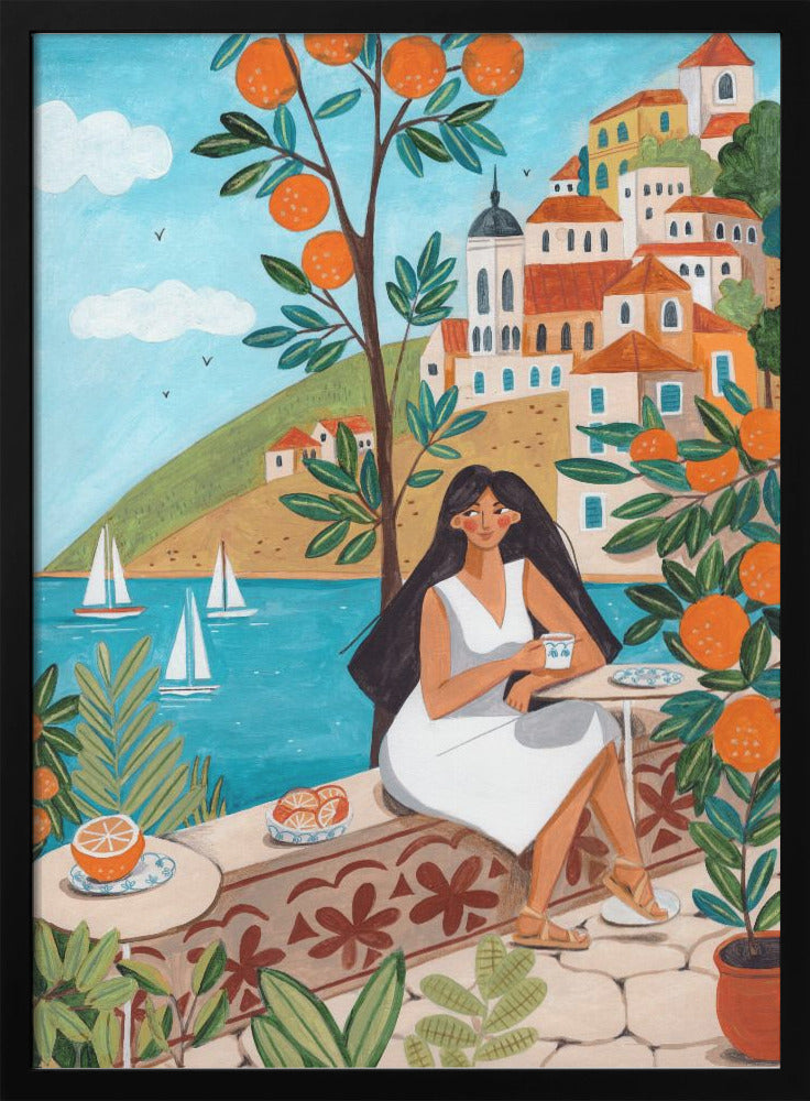 Travel poster woman in Mediterranean coast - plakatstore