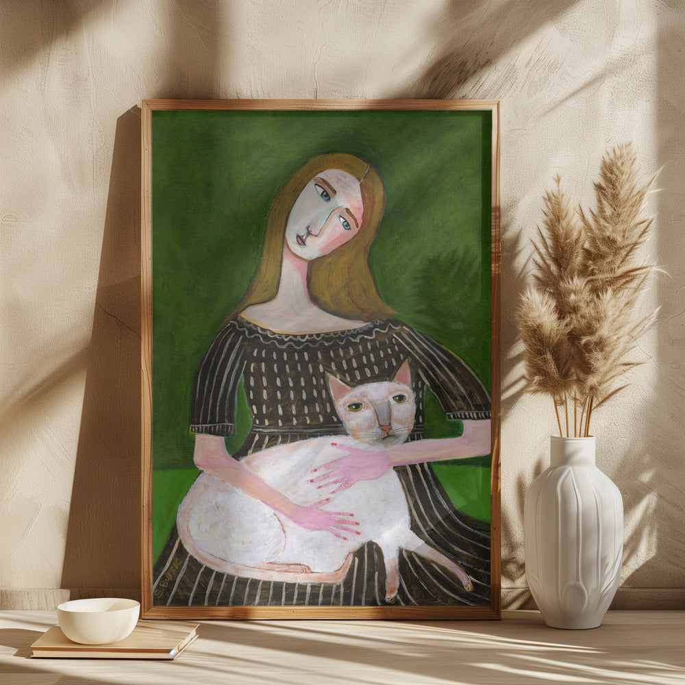 vintage lady with white cat - plakatstore