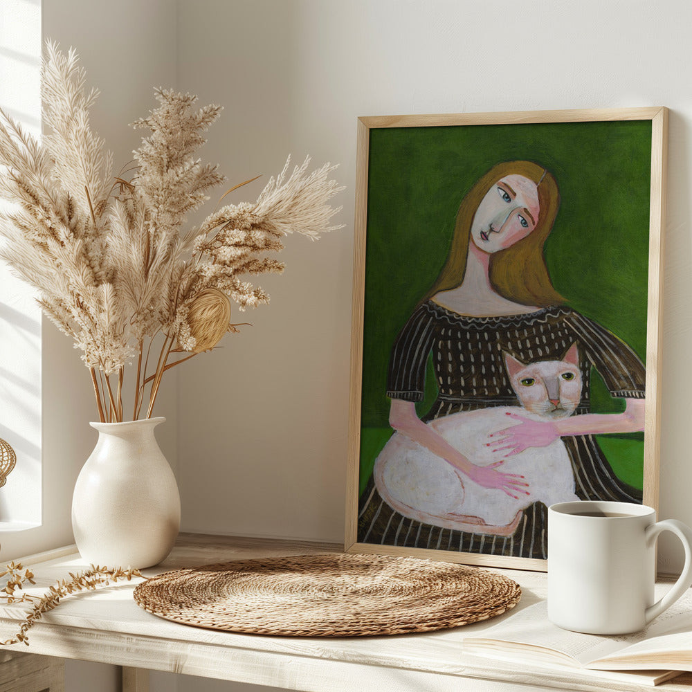 vintage lady with white cat - plakatstore