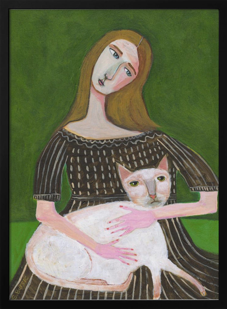 vintage lady with white cat - plakatstore