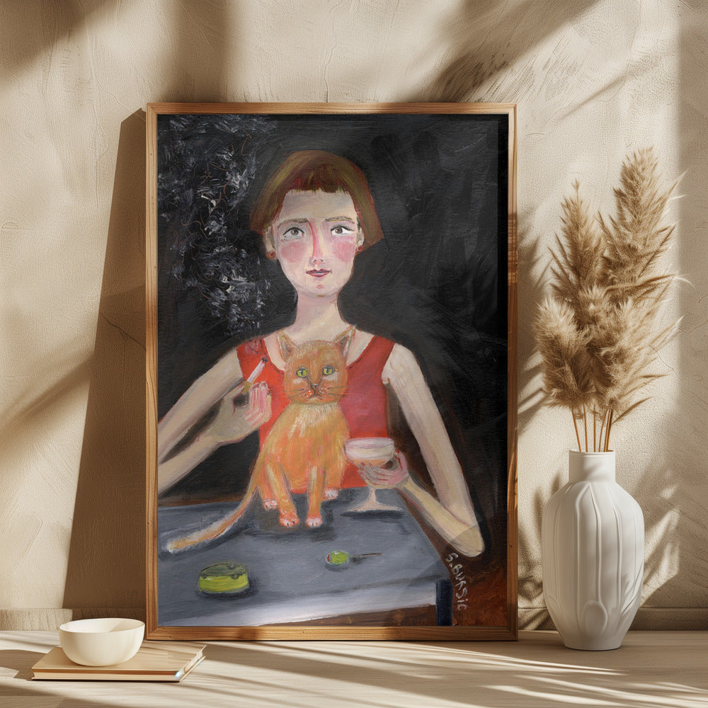 Vintage woman with cocktail and cat