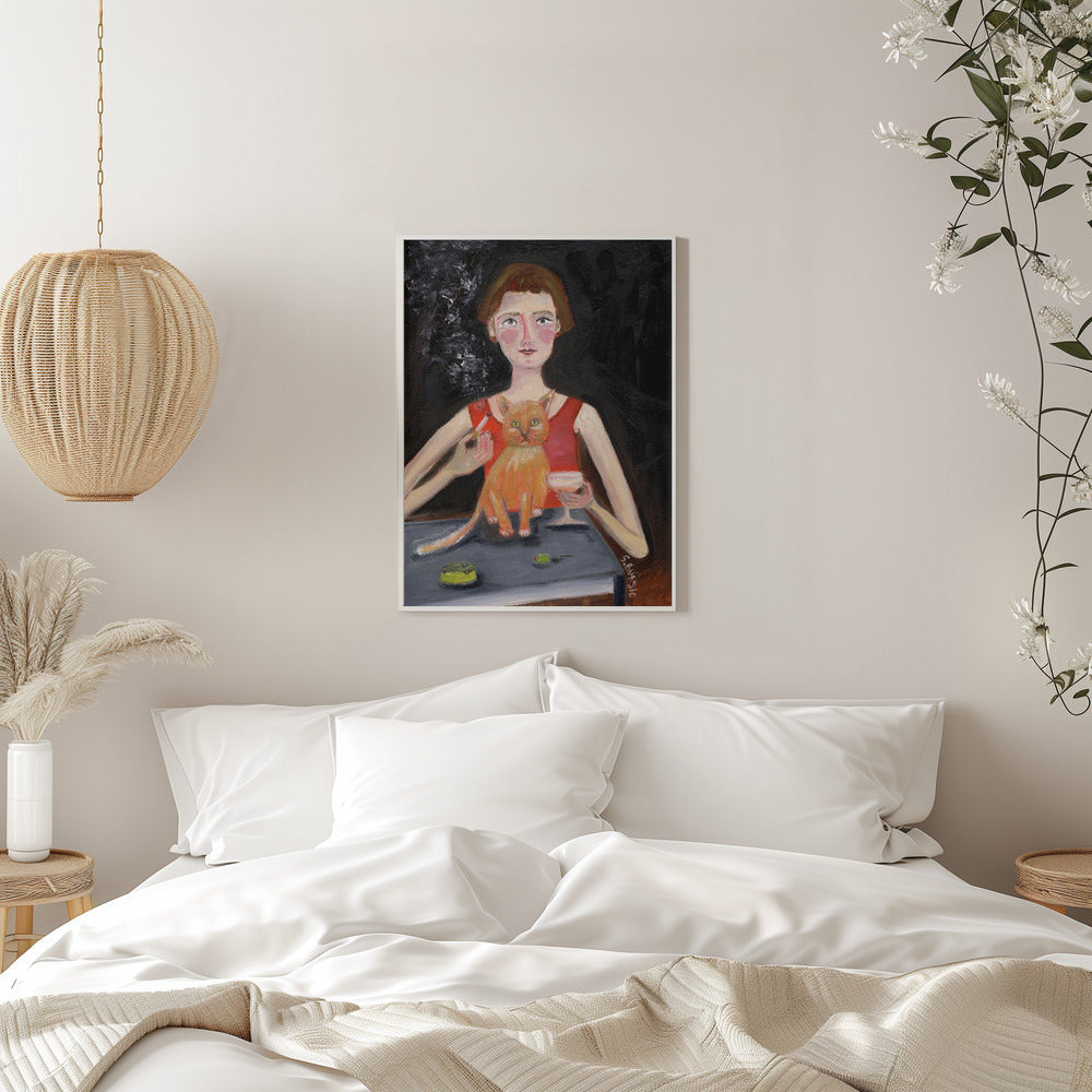 Vintage woman with cocktail and cat