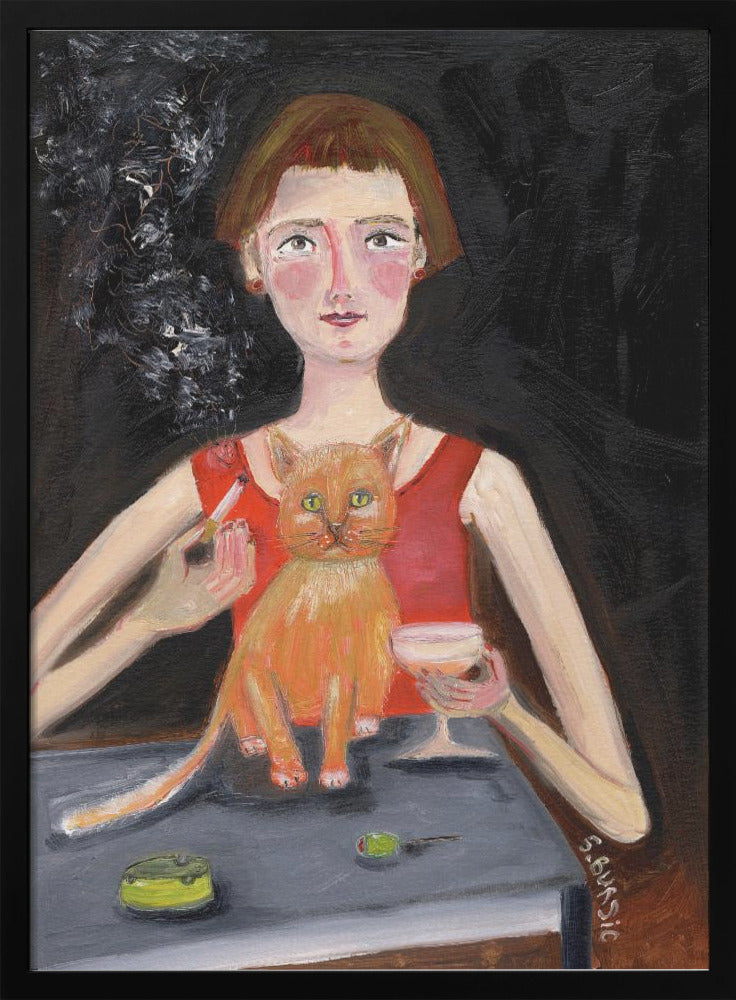Vintage woman with cocktail and cat