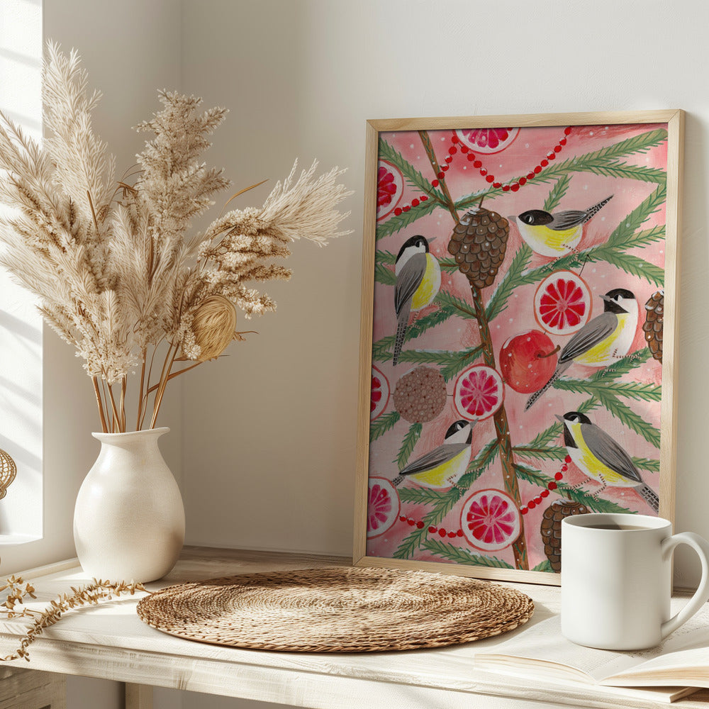 Winter birds Tits in the pine tree at Christmas - plakatstore