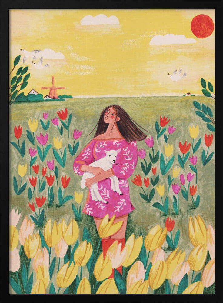 Woman in spring tulip field - plakatstore