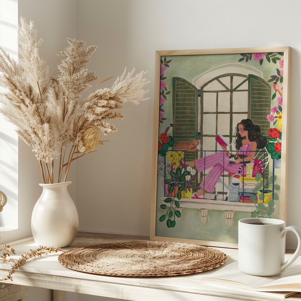 Woman reads on balcony - plakatstore