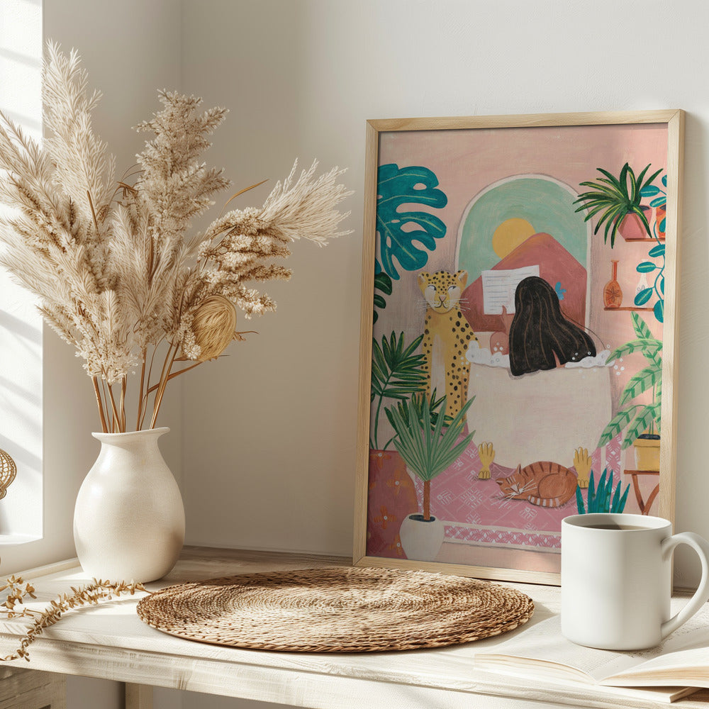 Woman taking bath in pink tropical bathroom - plakatstore