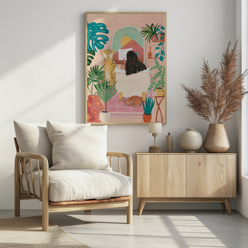 Woman taking bath in pink tropical bathroom - plakatstore