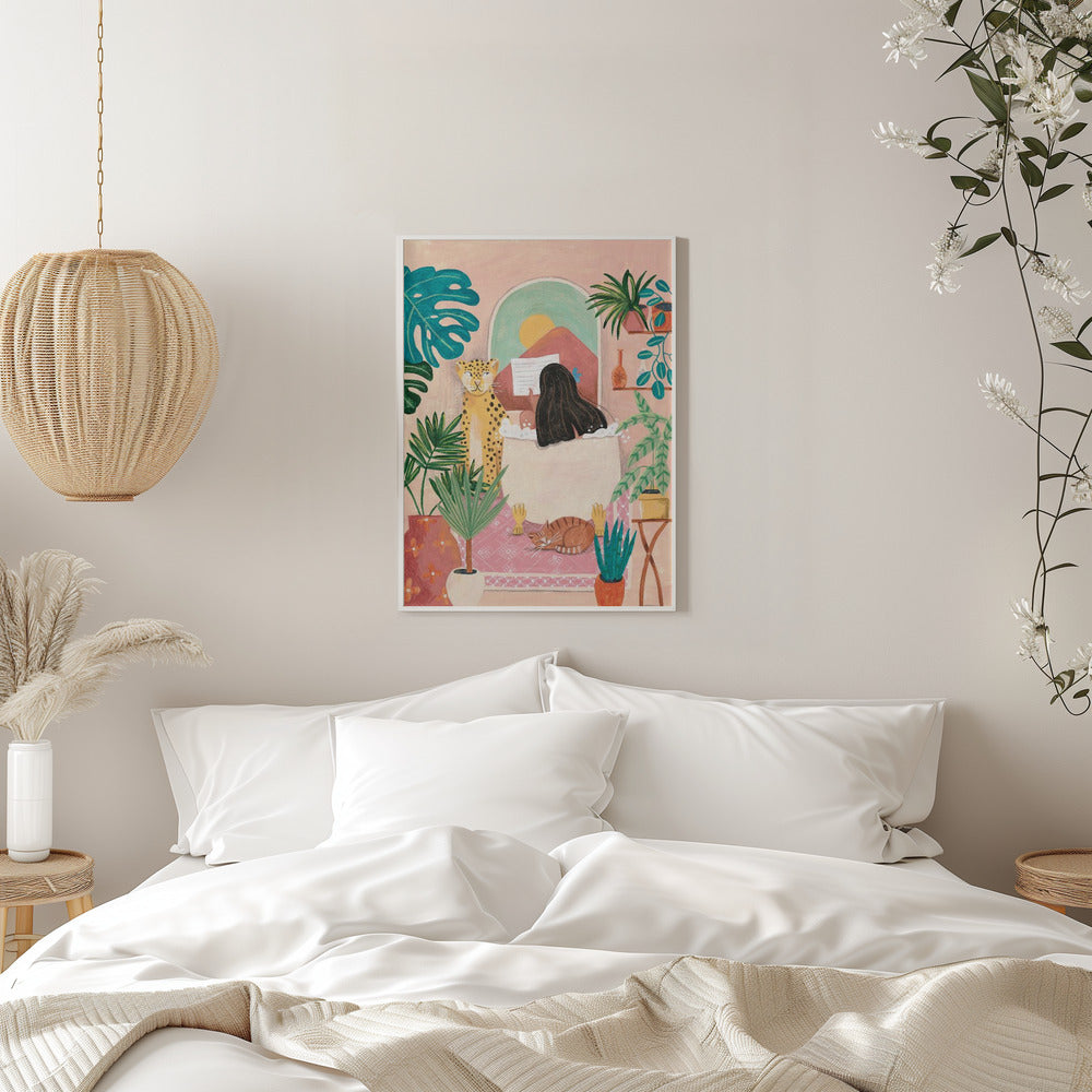 Woman taking bath in pink tropical bathroom - plakatstore