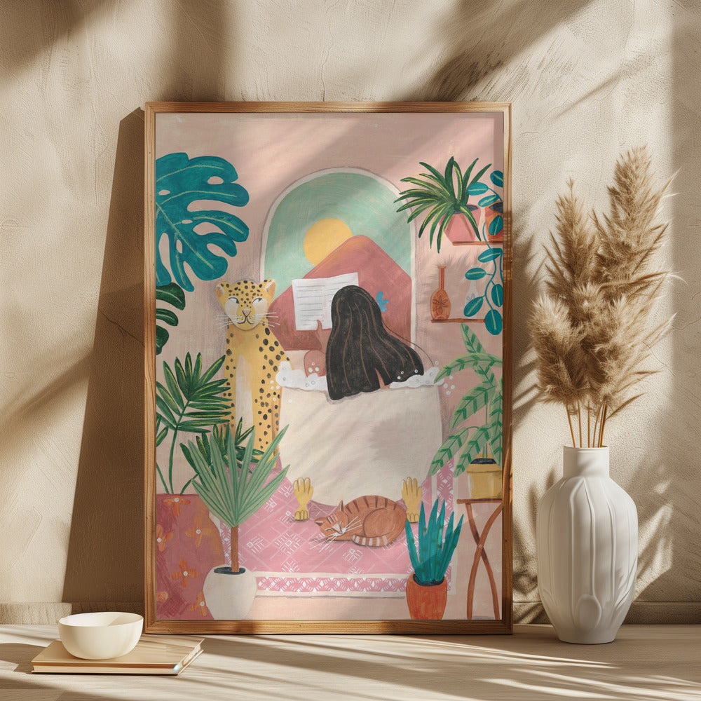 Woman taking bath in pink tropical bathroom - plakatstore