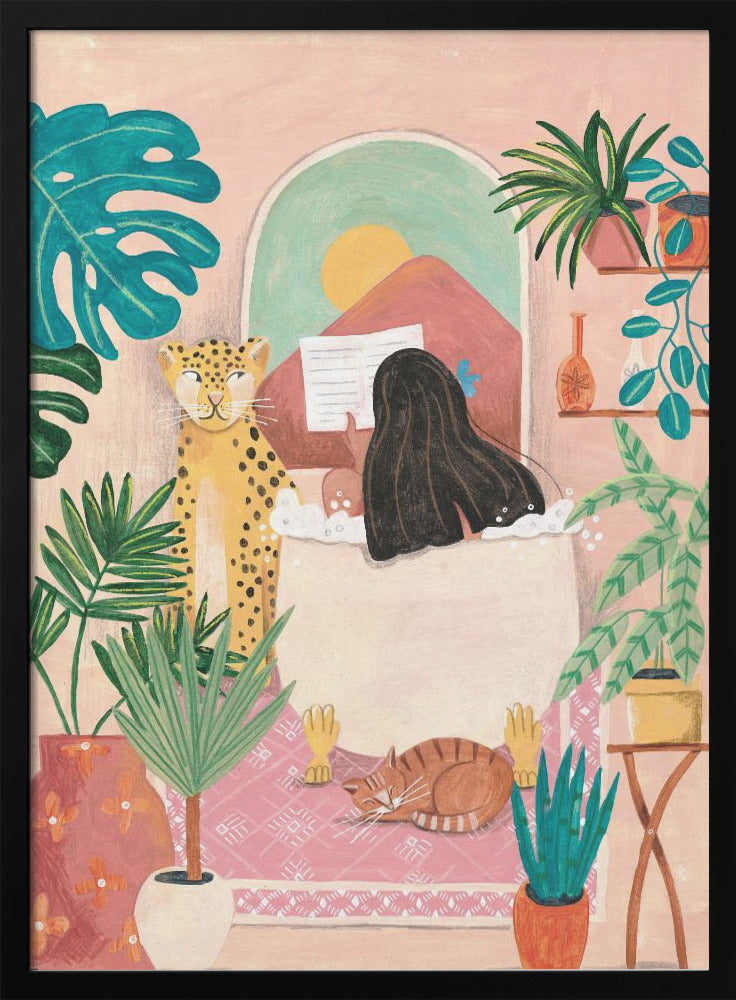 Woman taking bath in pink tropical bathroom - plakatstore