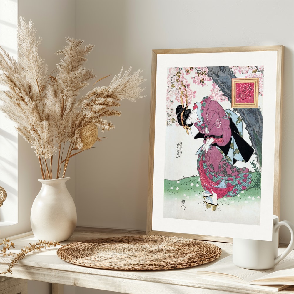 Japanese Woman and Cherry Blossom (1828) Vintage Woodblock Prints With Boarder