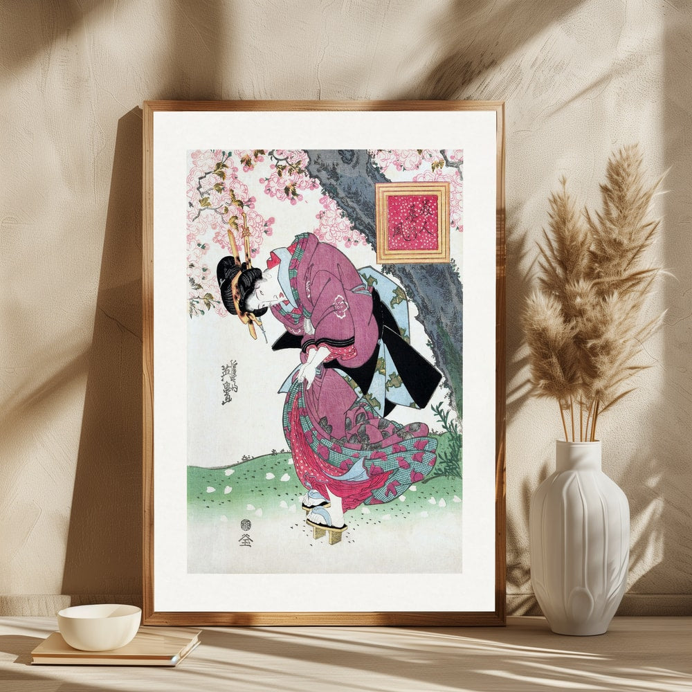 Japanese Woman and Cherry Blossom (1828) Vintage Woodblock Prints With Boarder