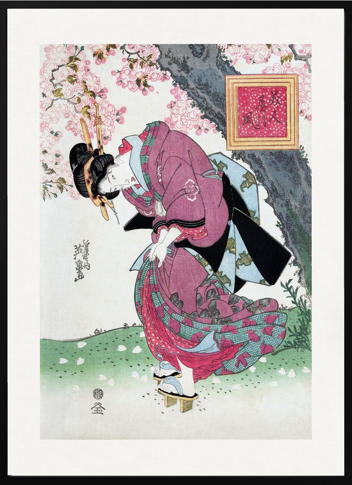 Japanese Woman and Cherry Blossom (1828) Vintage Woodblock Prints With Boarder