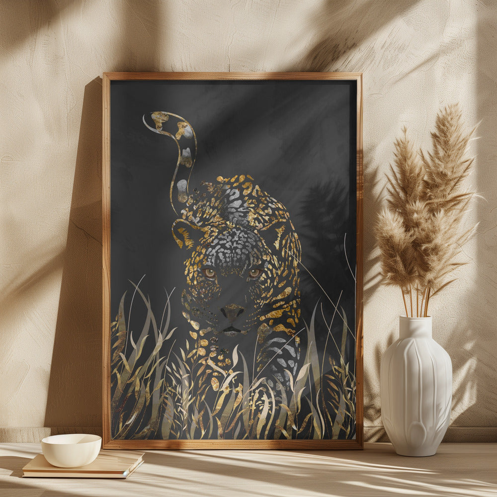 Black gold jaguar in grass - plakatstore