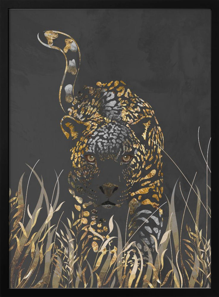 Black gold jaguar in grass - plakatstore