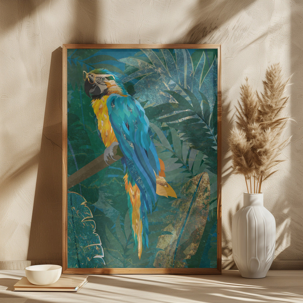 Blue parrot in the rainforest - plakatstore