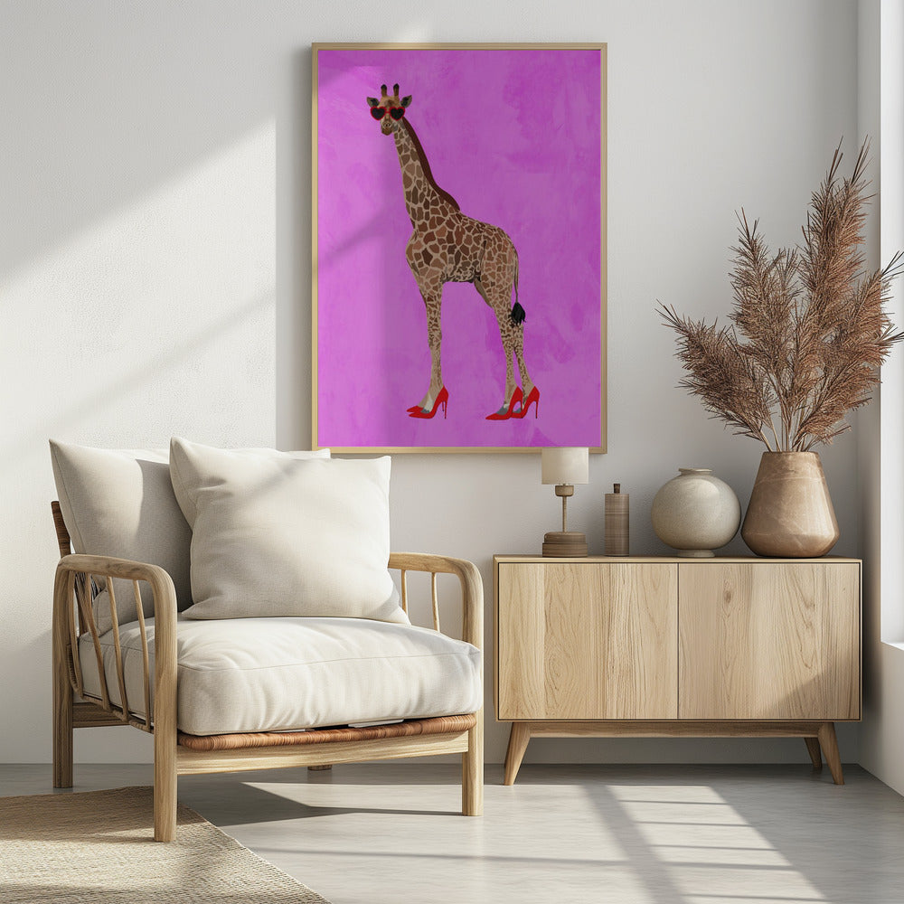 Giraffe wearing heels and heart glasses pink - plakatstore