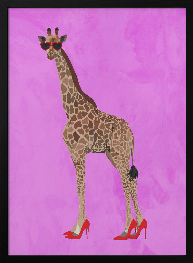 Giraffe wearing heels and heart glasses pink - plakatstore