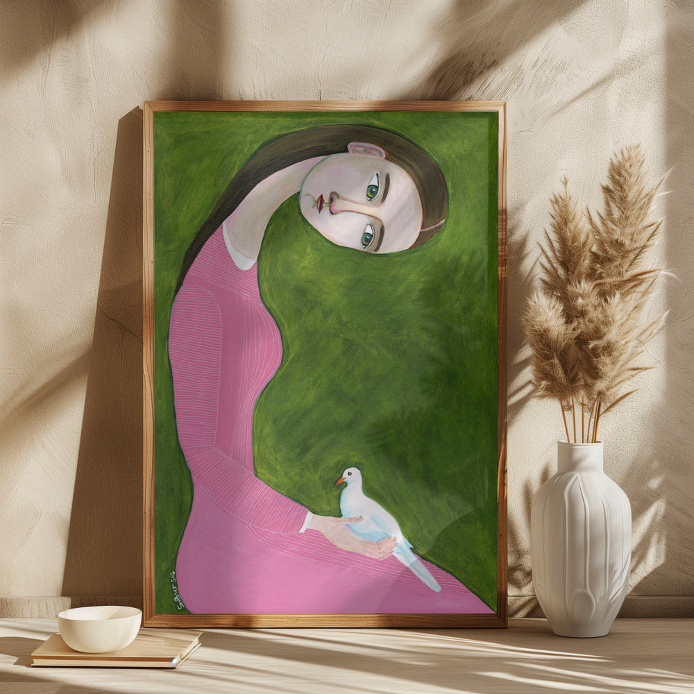 Girl with Dove sitting with pink dress - plakatstore