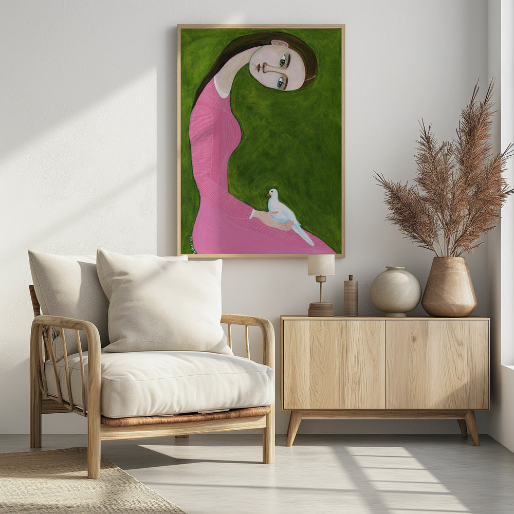 Girl with Dove sitting with pink dress - plakatstore