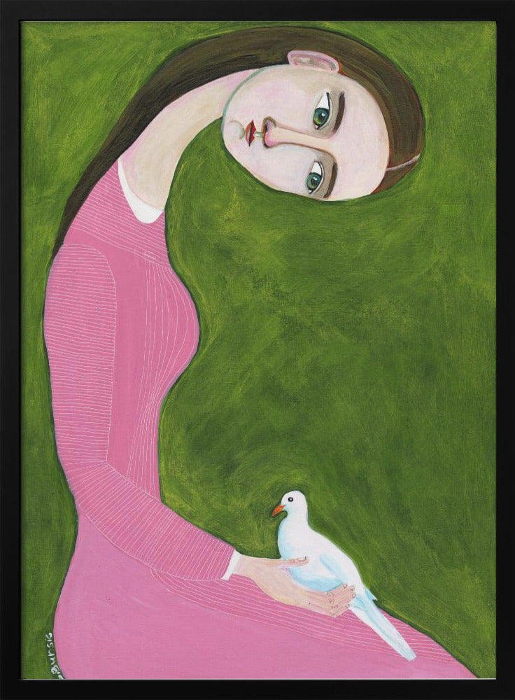 Girl with Dove sitting with pink dress - plakatstore