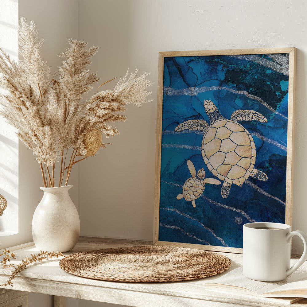 Gold turtles swimming - plakatstore