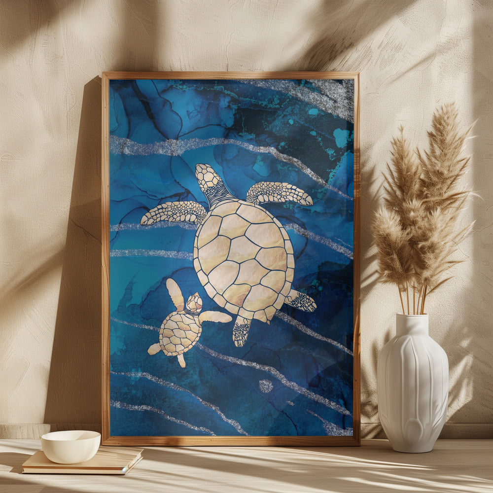 Gold turtles swimming - plakatstore