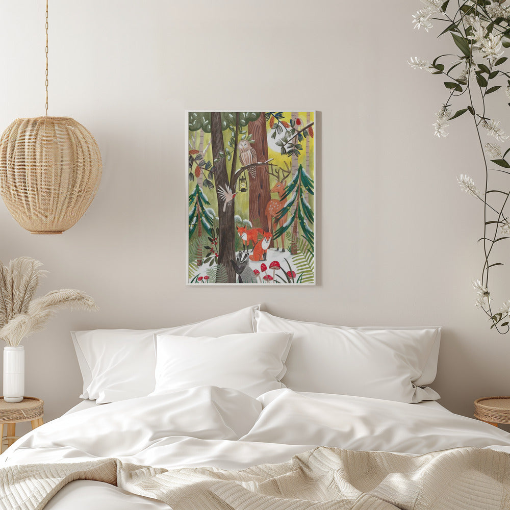 Green Christmas forest with animals - plakatstore