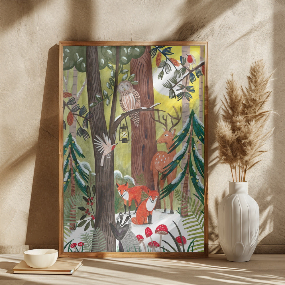 Green Christmas forest with animals - plakatstore