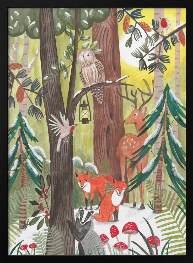 Green Christmas forest with animals - plakatstore