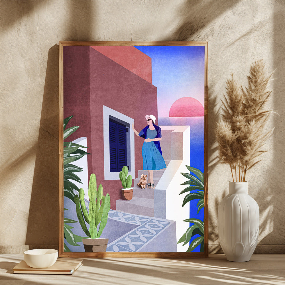 Lady and Cat In Santorini - plakatstore