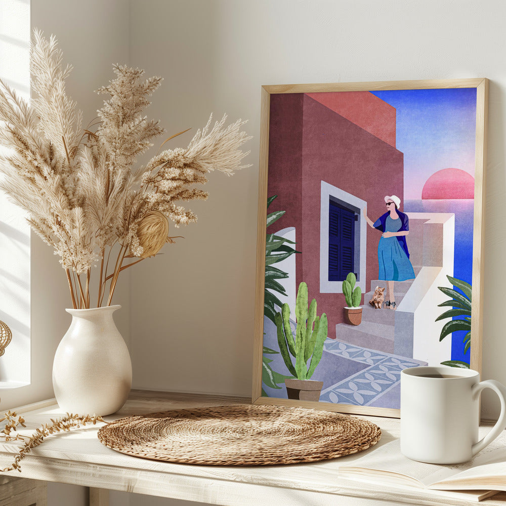 Lady and Cat In Santorini - plakatstore