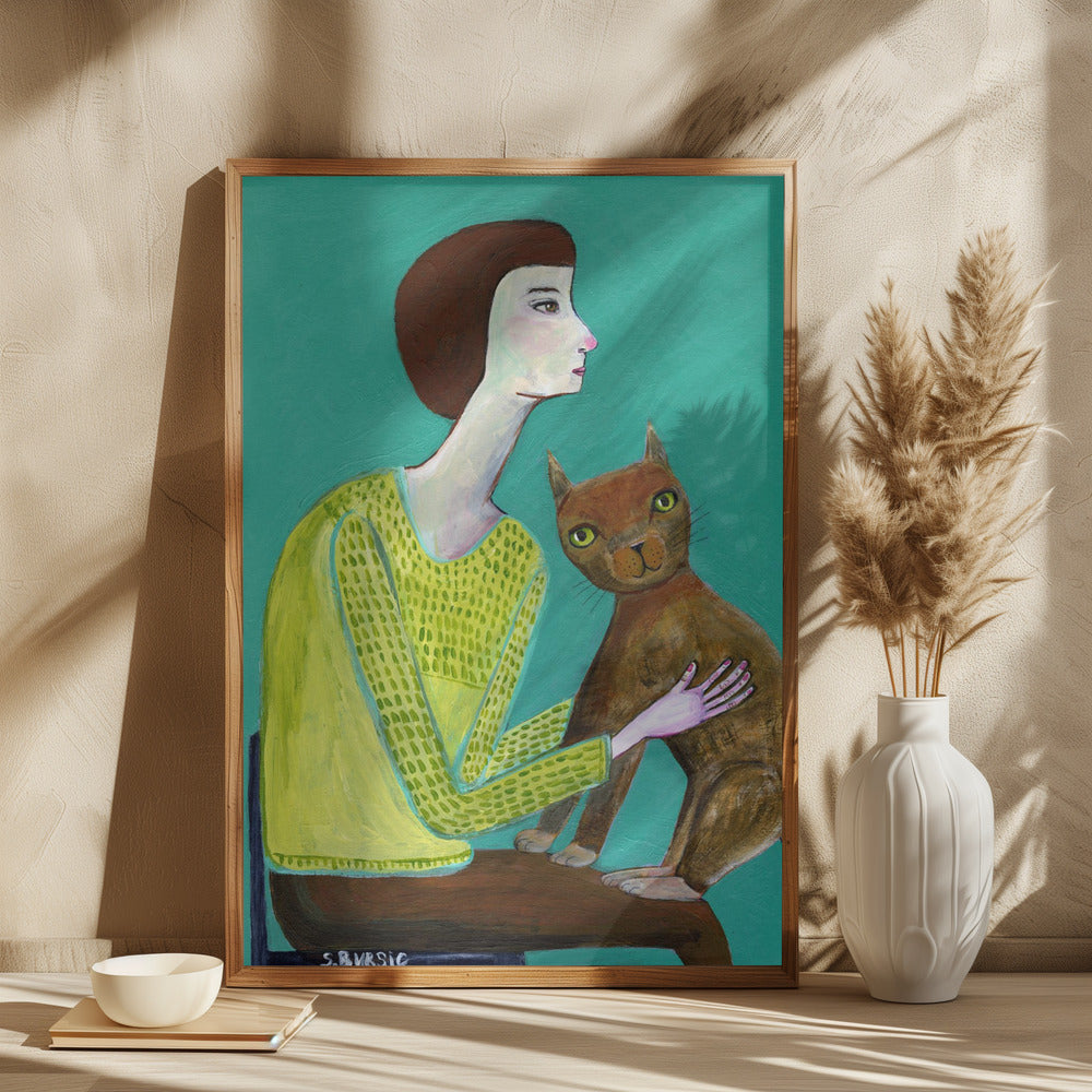 Lady Sitting with Brown Cat Cat Lover - plakatstore