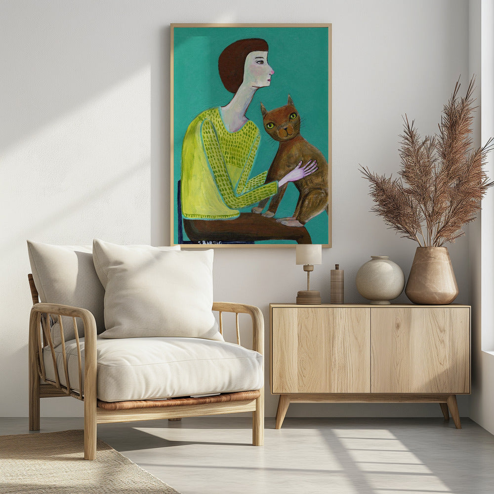 Lady Sitting with Brown Cat Cat Lover - plakatstore