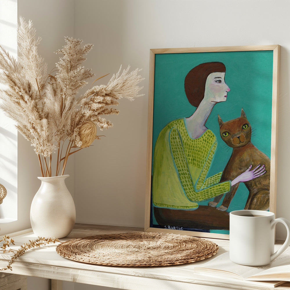 Lady Sitting with Brown Cat Cat Lover - plakatstore