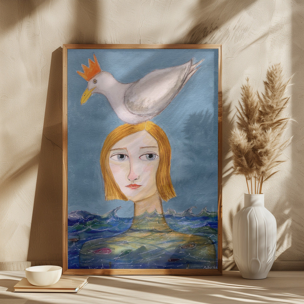 Lady swimmer with seagull - plakatstore